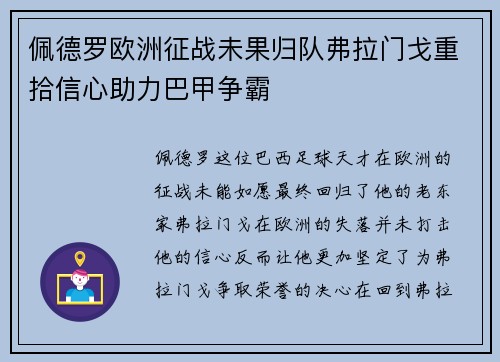 佩德罗欧洲征战未果归队弗拉门戈重拾信心助力巴甲争霸