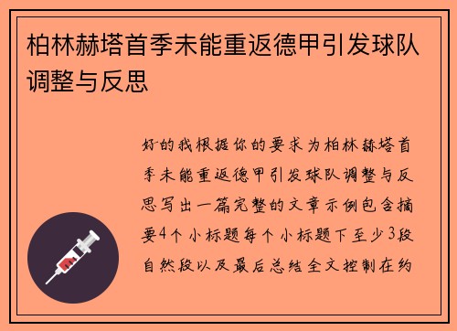 柏林赫塔首季未能重返德甲引发球队调整与反思 柏林赫塔首季未能重返德甲引发球队调整与反思